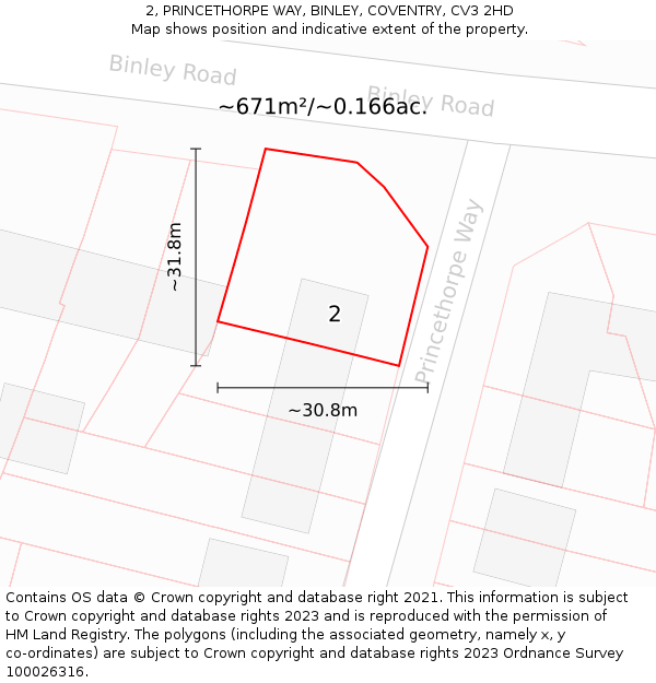 2, PRINCETHORPE WAY, BINLEY, COVENTRY, CV3 2HD: Plot and title map