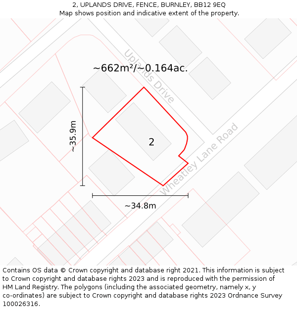 2, UPLANDS DRIVE, FENCE, BURNLEY, BB12 9EQ: Plot and title map