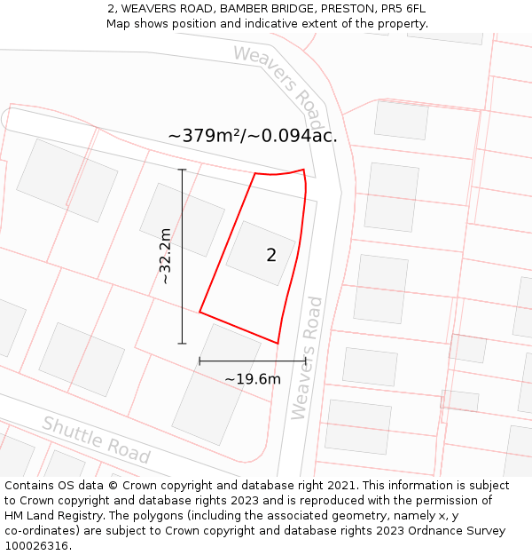 2, WEAVERS ROAD, BAMBER BRIDGE, PRESTON, PR5 6FL: Plot and title map
