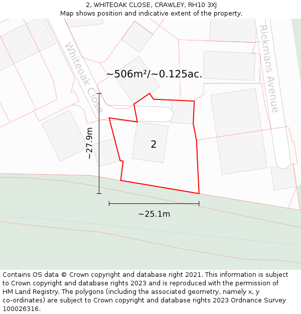 2, WHITEOAK CLOSE, CRAWLEY, RH10 3XJ: Plot and title map