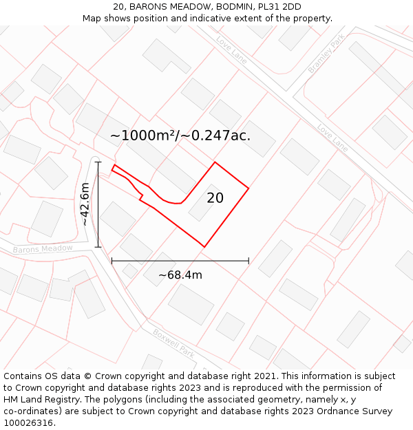 20, BARONS MEADOW, BODMIN, PL31 2DD: Plot and title map