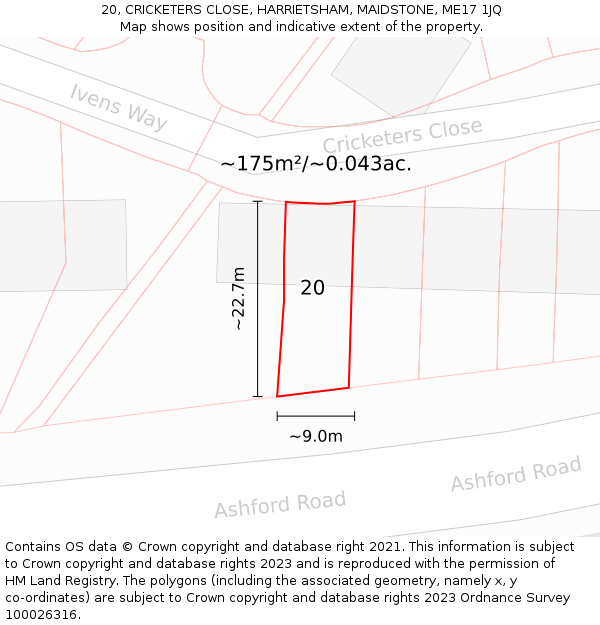 20, CRICKETERS CLOSE, HARRIETSHAM, MAIDSTONE, ME17 1JQ: Plot and title map