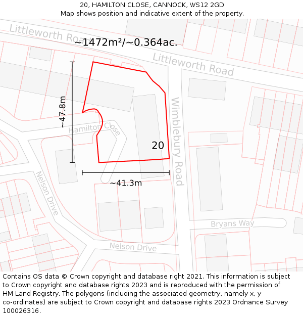 20, HAMILTON CLOSE, CANNOCK, WS12 2GD: Plot and title map