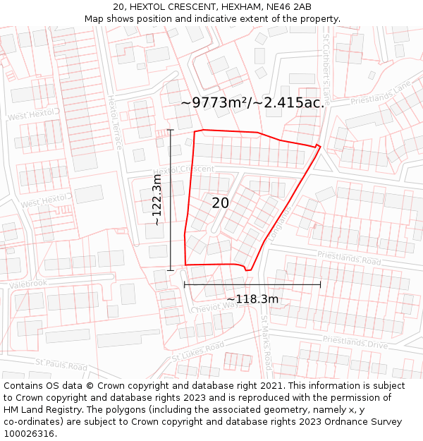 20, HEXTOL CRESCENT, HEXHAM, NE46 2AB: Plot and title map