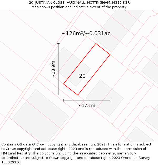 20, JUSTINIAN CLOSE, HUCKNALL, NOTTINGHAM, NG15 8GR: Plot and title map