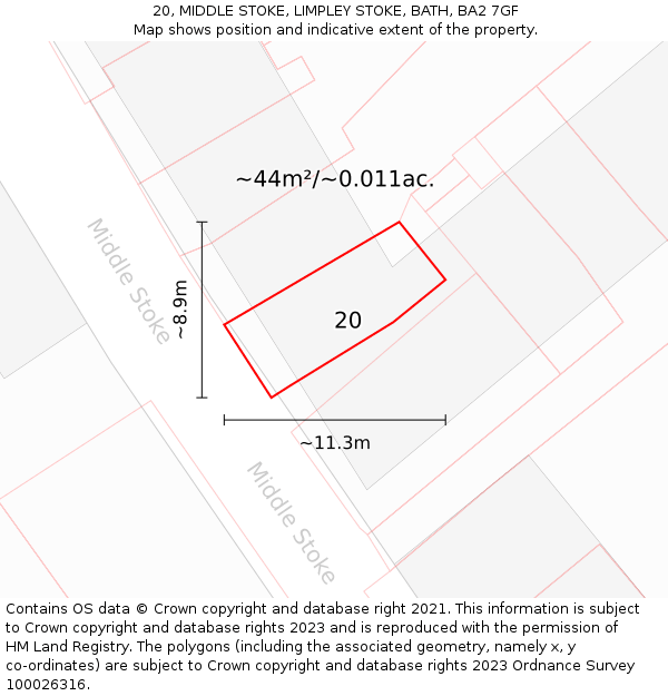 20, MIDDLE STOKE, LIMPLEY STOKE, BATH, BA2 7GF: Plot and title map