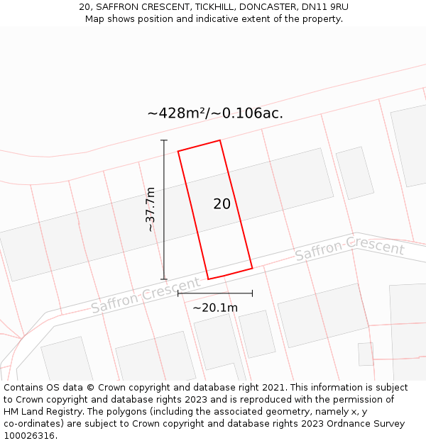 20, SAFFRON CRESCENT, TICKHILL, DONCASTER, DN11 9RU: Plot and title map