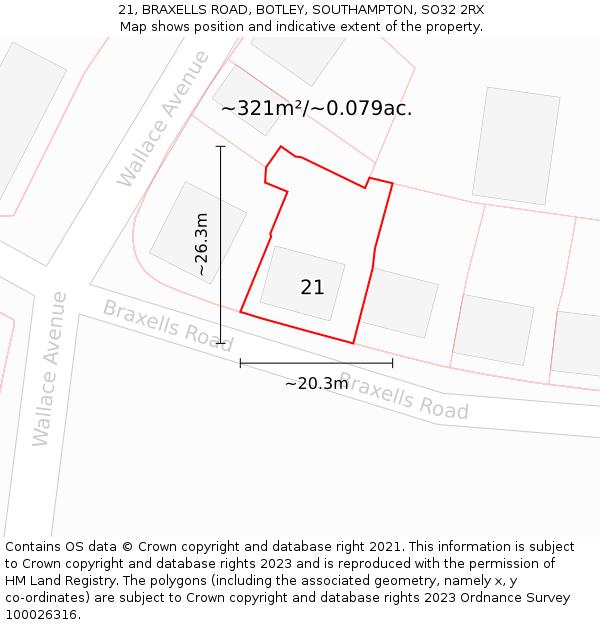 21, BRAXELLS ROAD, BOTLEY, SOUTHAMPTON, SO32 2RX: Plot and title map