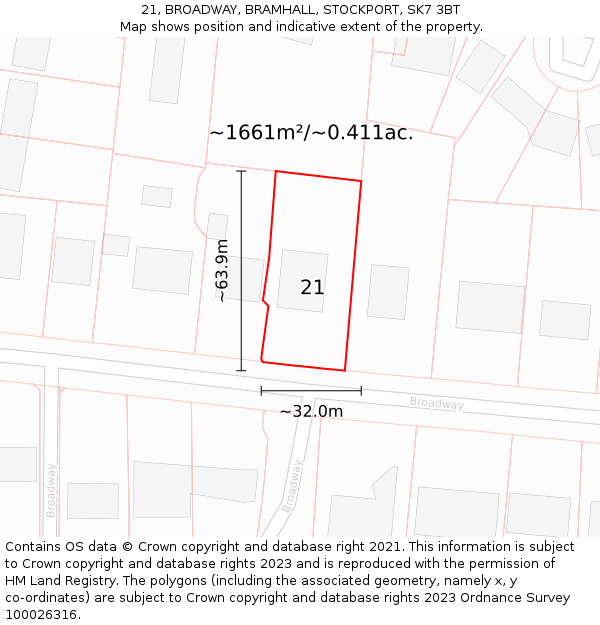 21, BROADWAY, BRAMHALL, STOCKPORT, SK7 3BT: Plot and title map