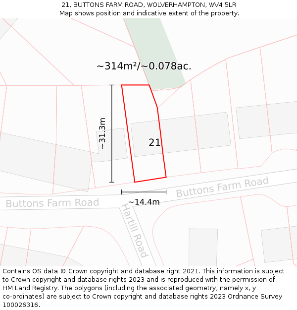 21, BUTTONS FARM ROAD, WOLVERHAMPTON, WV4 5LR: Plot and title map