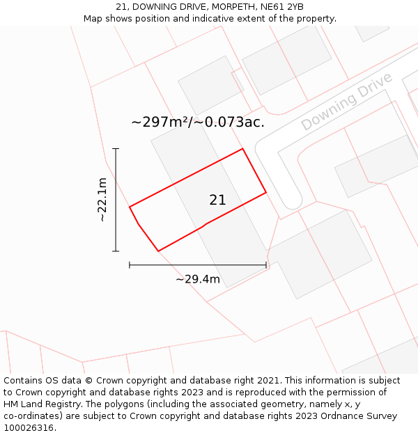 21, DOWNING DRIVE, MORPETH, NE61 2YB: Plot and title map