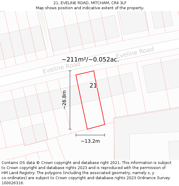 21, EVELINE ROAD, MITCHAM, CR4 3LF: Plot and title map