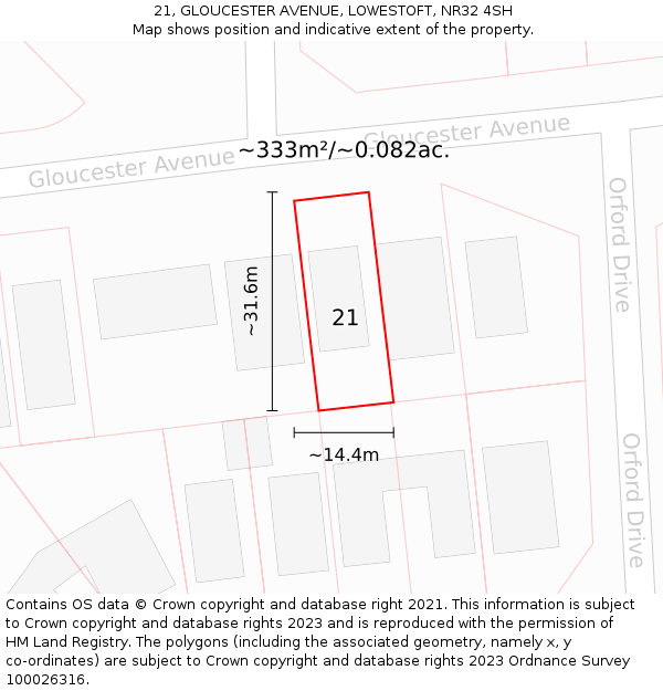 21, GLOUCESTER AVENUE, LOWESTOFT, NR32 4SH: Plot and title map
