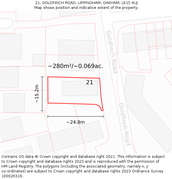 21, GOLDFINCH ROAD, UPPINGHAM, OAKHAM, LE15 9UJ: Plot and title map
