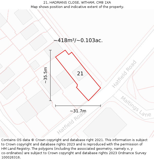 21, HADRIANS CLOSE, WITHAM, CM8 1XA: Plot and title map