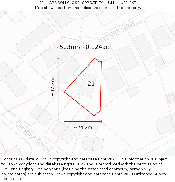 21, HARRISON CLOSE, SPROATLEY, HULL, HU11 4XT: Plot and title map