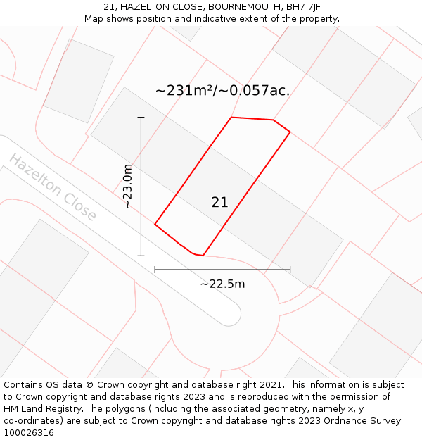 21, HAZELTON CLOSE, BOURNEMOUTH, BH7 7JF: Plot and title map