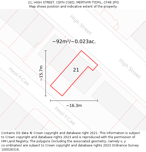 21, HIGH STREET, CEFN COED, MERTHYR TYDFIL, CF48 2PG: Plot and title map