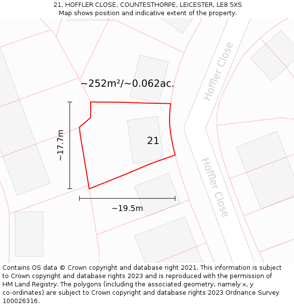 21, HOFFLER CLOSE, COUNTESTHORPE, LEICESTER, LE8 5XS: Plot and title map