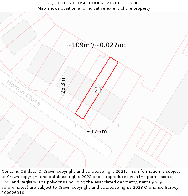 21, HORTON CLOSE, BOURNEMOUTH, BH9 3PH: Plot and title map