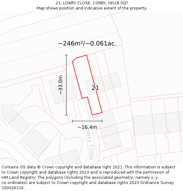 21, LOWRY CLOSE, CORBY, NN18 0QT: Plot and title map