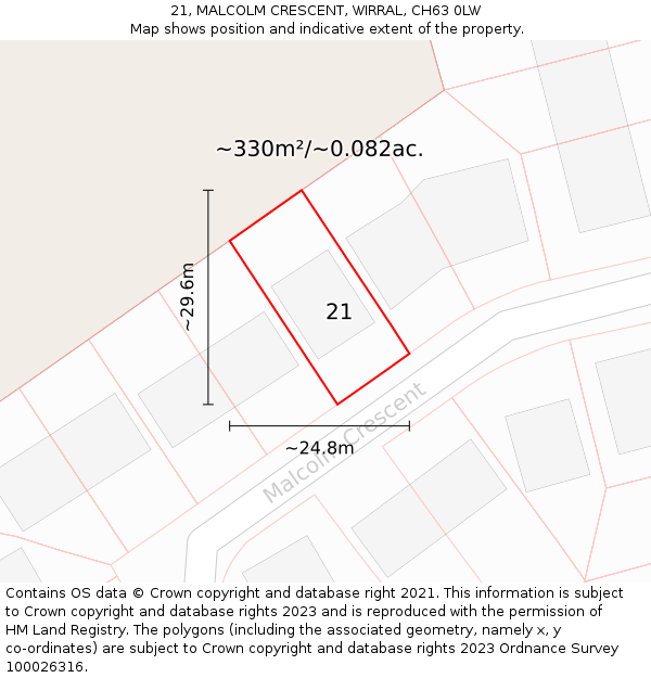 21, MALCOLM CRESCENT, WIRRAL, CH63 0LW: Plot and title map