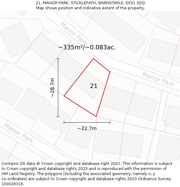 21, MANOR PARK, STICKLEPATH, BARNSTAPLE, EX31 2DQ: Plot and title map