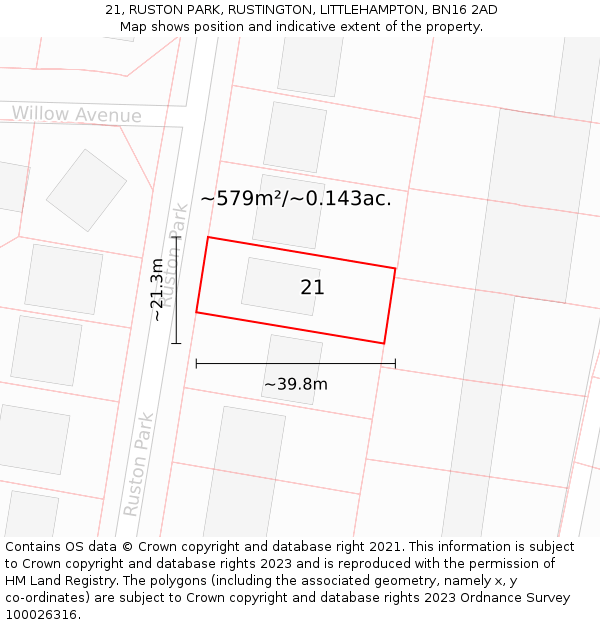 21, RUSTON PARK, RUSTINGTON, LITTLEHAMPTON, BN16 2AD: Plot and title map