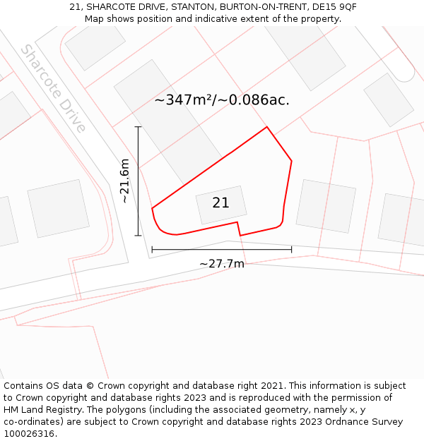 21, SHARCOTE DRIVE, STANTON, BURTON-ON-TRENT, DE15 9QF: Plot and title map