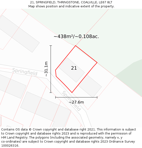 21, SPRINGFIELD, THRINGSTONE, COALVILLE, LE67 8LT: Plot and title map