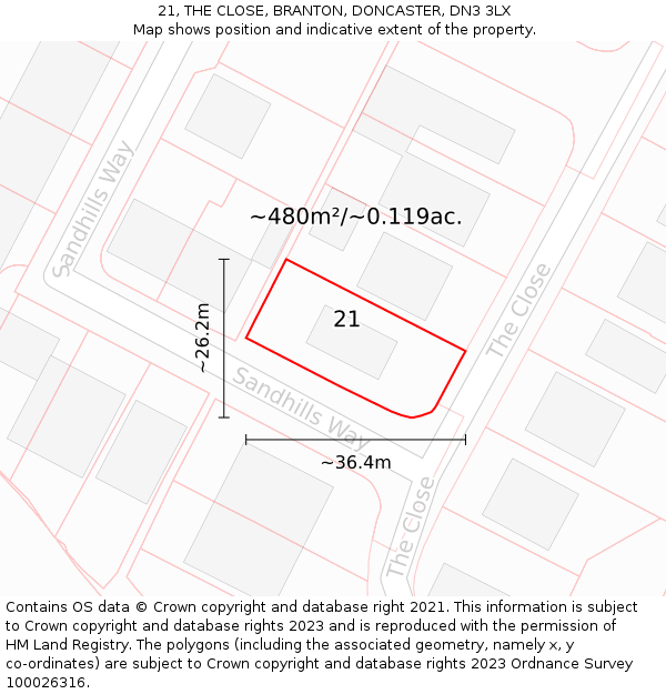 21, THE CLOSE, BRANTON, DONCASTER, DN3 3LX: Plot and title map