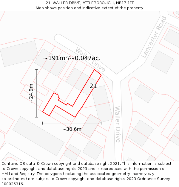 21, WALLER DRIVE, ATTLEBOROUGH, NR17 1FF: Plot and title map