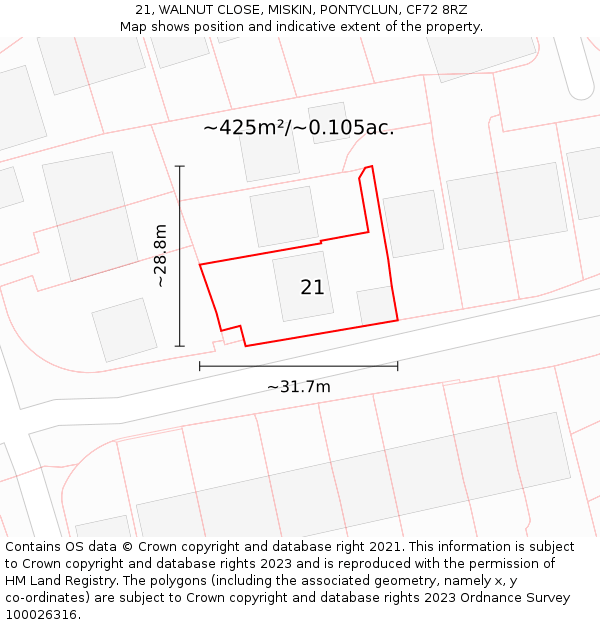 21, WALNUT CLOSE, MISKIN, PONTYCLUN, CF72 8RZ: Plot and title map
