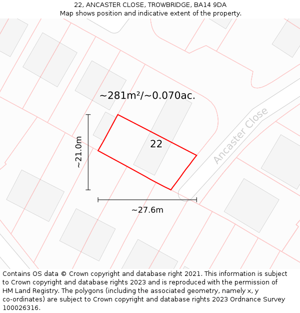 22, ANCASTER CLOSE, TROWBRIDGE, BA14 9DA: Plot and title map