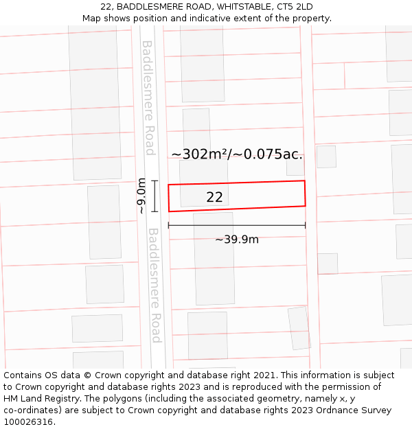 22, BADDLESMERE ROAD, WHITSTABLE, CT5 2LD: Plot and title map