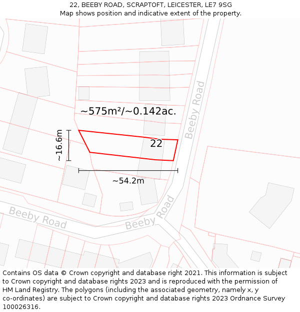 22, BEEBY ROAD, SCRAPTOFT, LEICESTER, LE7 9SG: Plot and title map