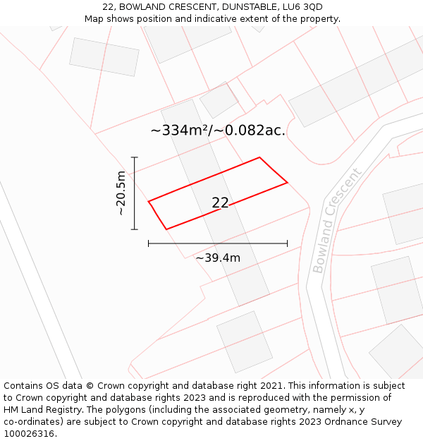 22, BOWLAND CRESCENT, DUNSTABLE, LU6 3QD: Plot and title map
