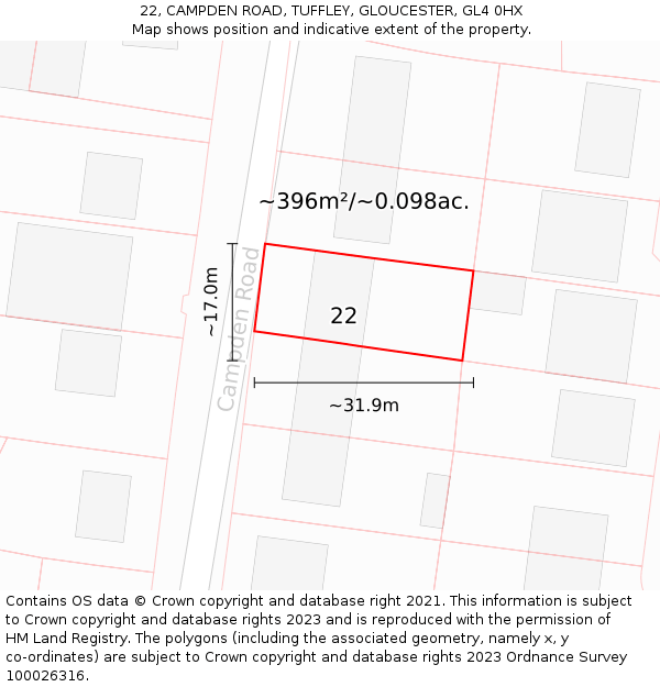 22, CAMPDEN ROAD, TUFFLEY, GLOUCESTER, GL4 0HX: Plot and title map