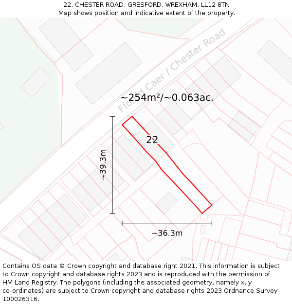 22, CHESTER ROAD, GRESFORD, WREXHAM, LL12 8TN: Plot and title map