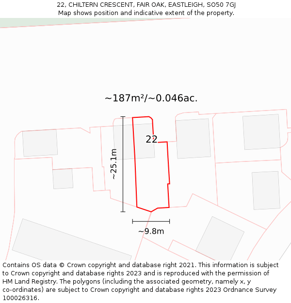 22, CHILTERN CRESCENT, FAIR OAK, EASTLEIGH, SO50 7GJ: Plot and title map