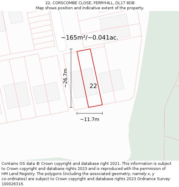 22, CORSCOMBE CLOSE, FERRYHILL, DL17 8DB: Plot and title map