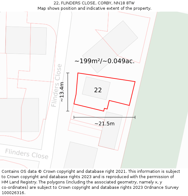 22, FLINDERS CLOSE, CORBY, NN18 8TW: Plot and title map