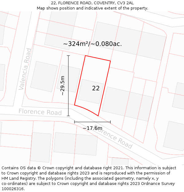 22, FLORENCE ROAD, COVENTRY, CV3 2AL: Plot and title map