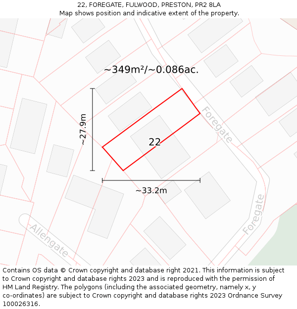 22, FOREGATE, FULWOOD, PRESTON, PR2 8LA: Plot and title map