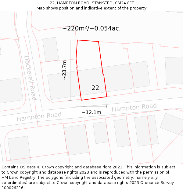 22, HAMPTON ROAD, STANSTED, CM24 8FE: Plot and title map