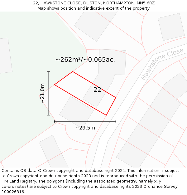 22, HAWKSTONE CLOSE, DUSTON, NORTHAMPTON, NN5 6RZ: Plot and title map
