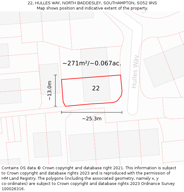 22, HULLES WAY, NORTH BADDESLEY, SOUTHAMPTON, SO52 9NS: Plot and title map