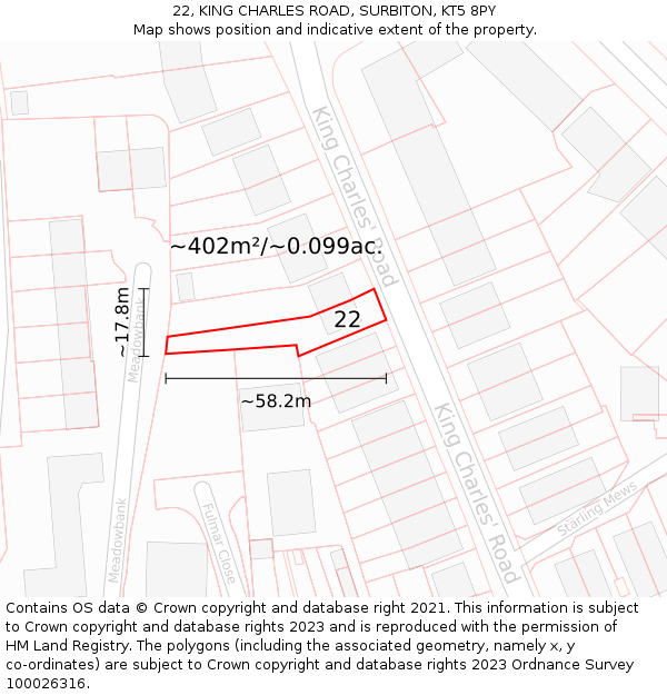 22, KING CHARLES ROAD, SURBITON, KT5 8PY: Plot and title map