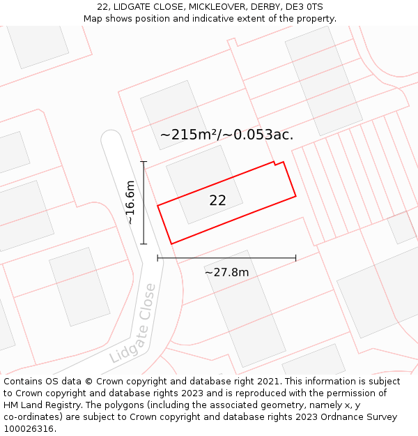 22, LIDGATE CLOSE, MICKLEOVER, DERBY, DE3 0TS: Plot and title map
