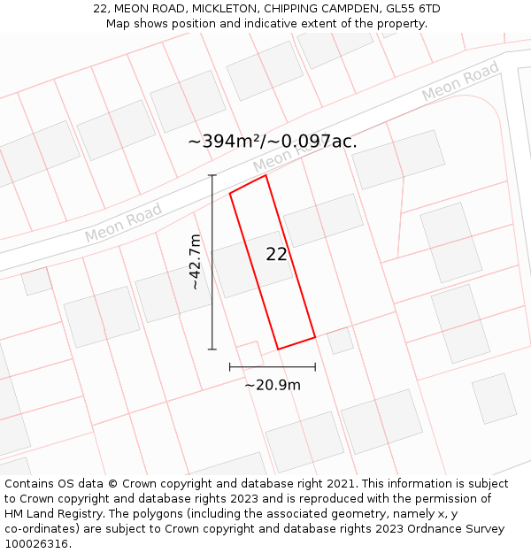 22, MEON ROAD, MICKLETON, CHIPPING CAMPDEN, GL55 6TD: Plot and title map